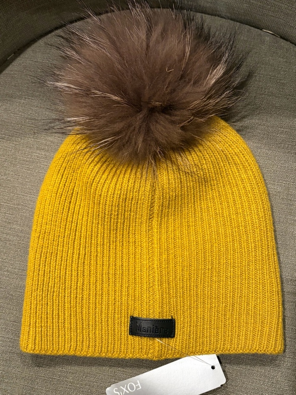 Maniere Brown Fur Pom Pom Knit Wool Blend Hat, One Size - Mustard